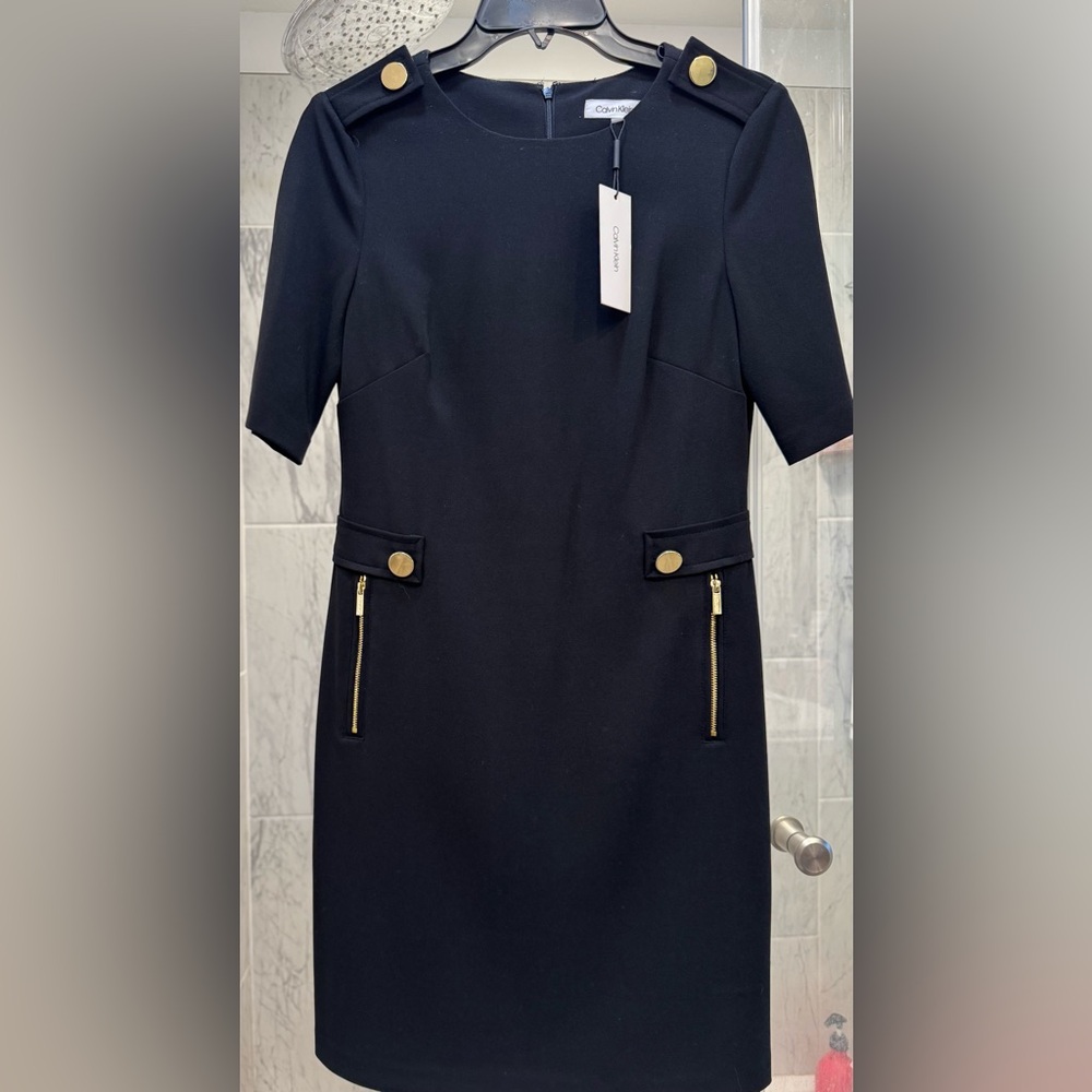 Calvin Klein Black Sheath Dress with Gold Accents